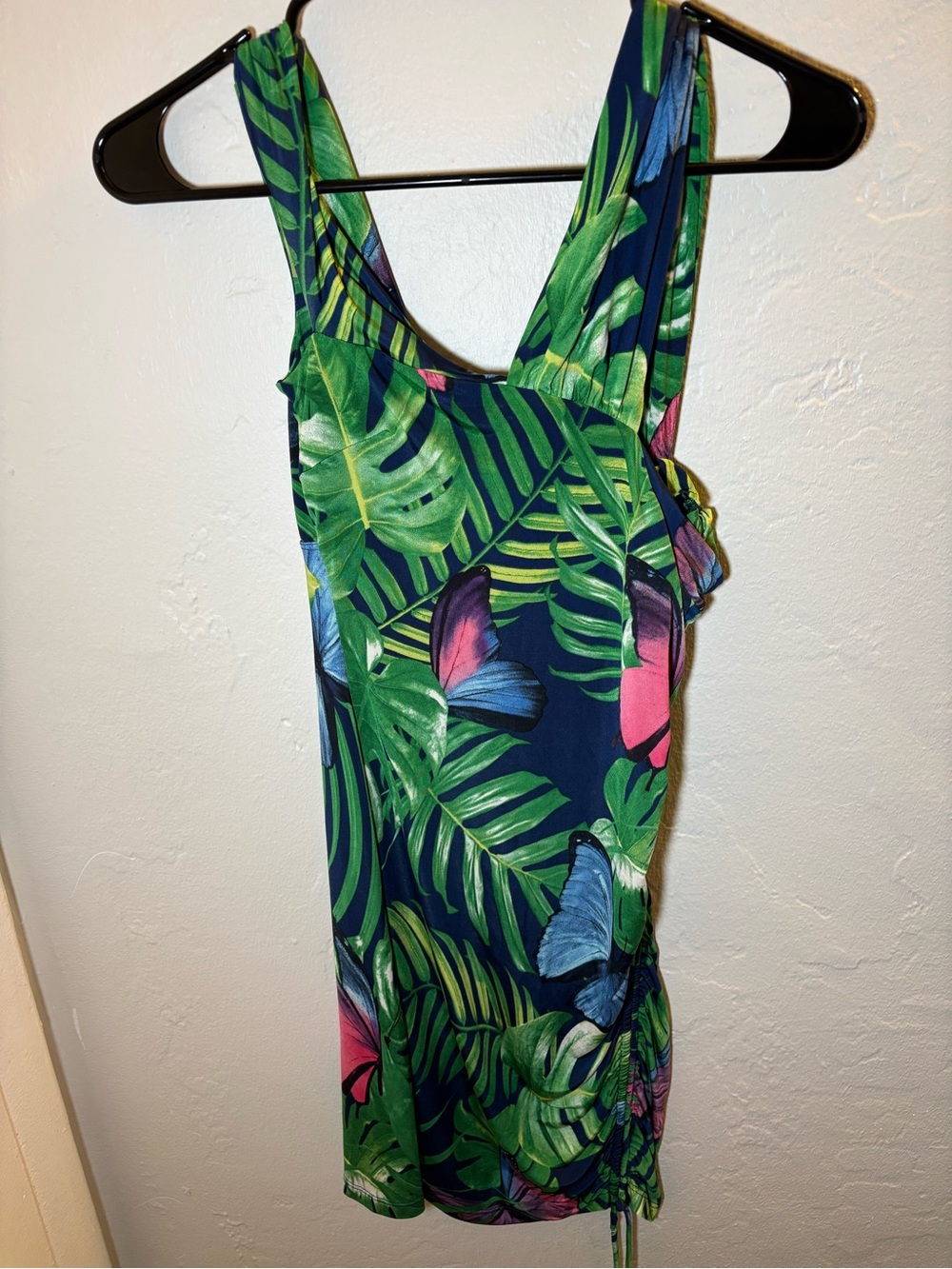 Tropical Leaf & Floral Print Tank Dress in Green & Navy